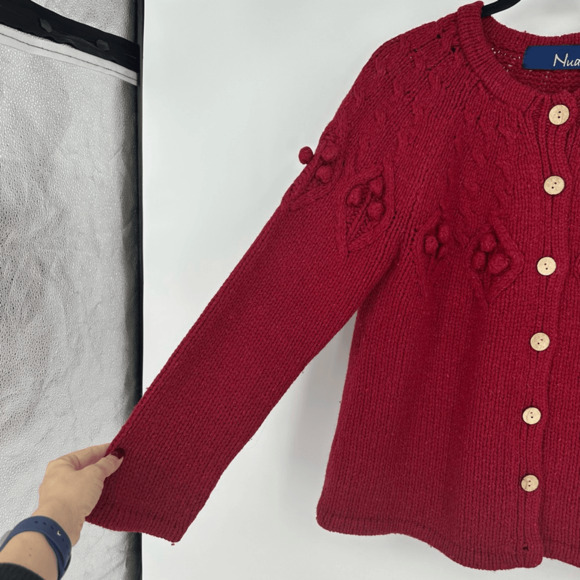Nua Womens M Cardigan Sweater Merino Wool Silk Bubble Knit Red Ireland Fairy - Picture 11 of 13